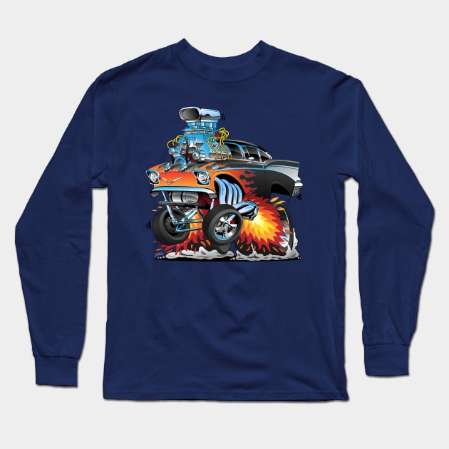 Classic hot rod fifties style gasser drag racing muscle car, red hot flames, big engine, lots of chrome, cartoon illustration Long Sleeve T-Shirt by hobrath